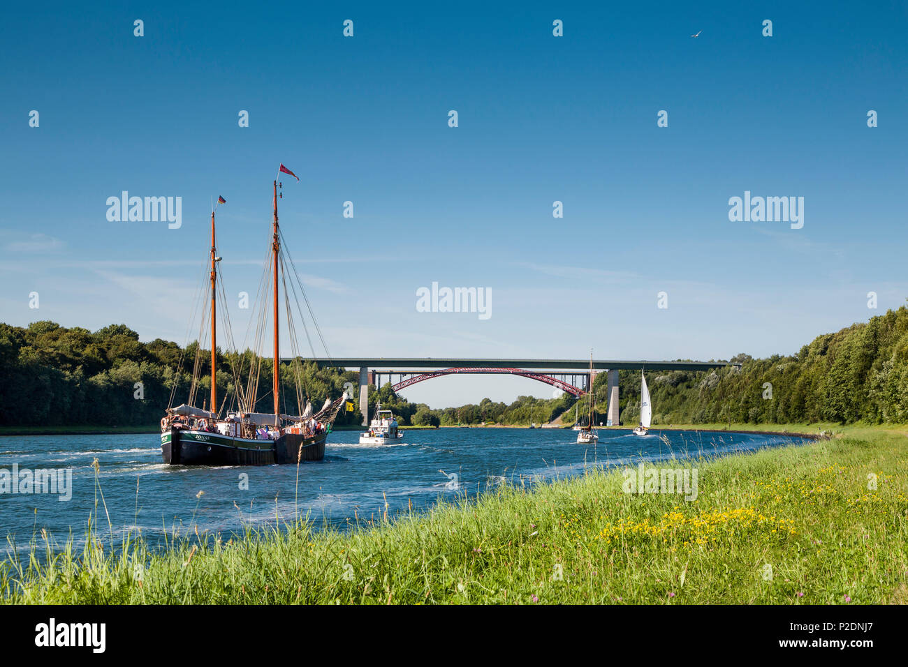 Sailing boats on the Kiel canal, Baltic Coast, Schleswig-Holstein, Germany Stock Photo