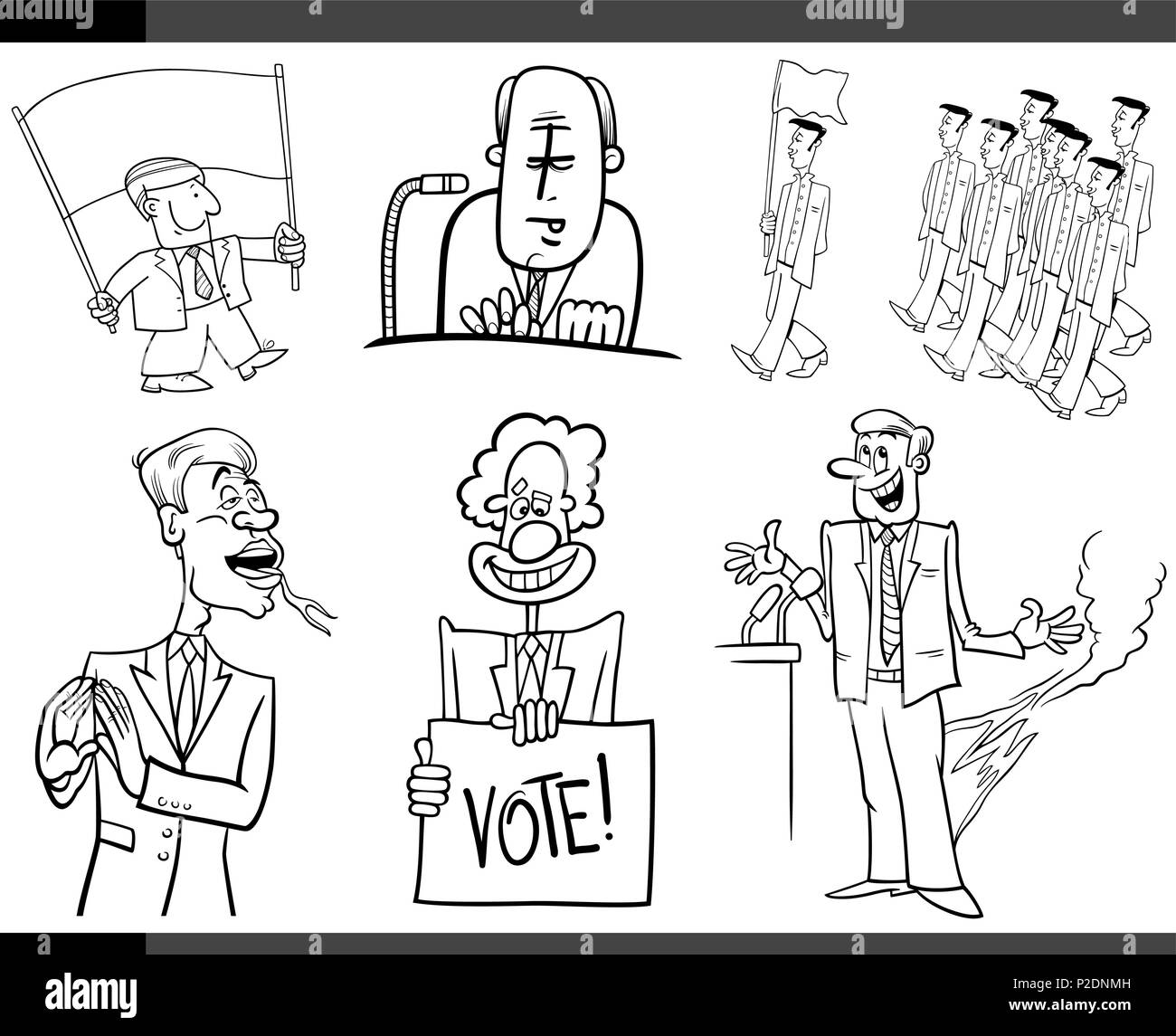 Black and White Set of Humorous Cartoon Concept Illustrations of Politics and Politicians Stock Vector