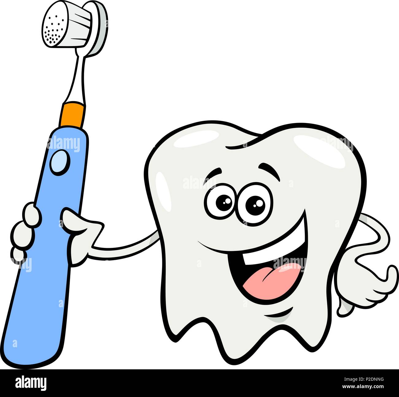 Cartoon Illustration of Happy Tooth Character with Electric Toothbrush Stock Vector