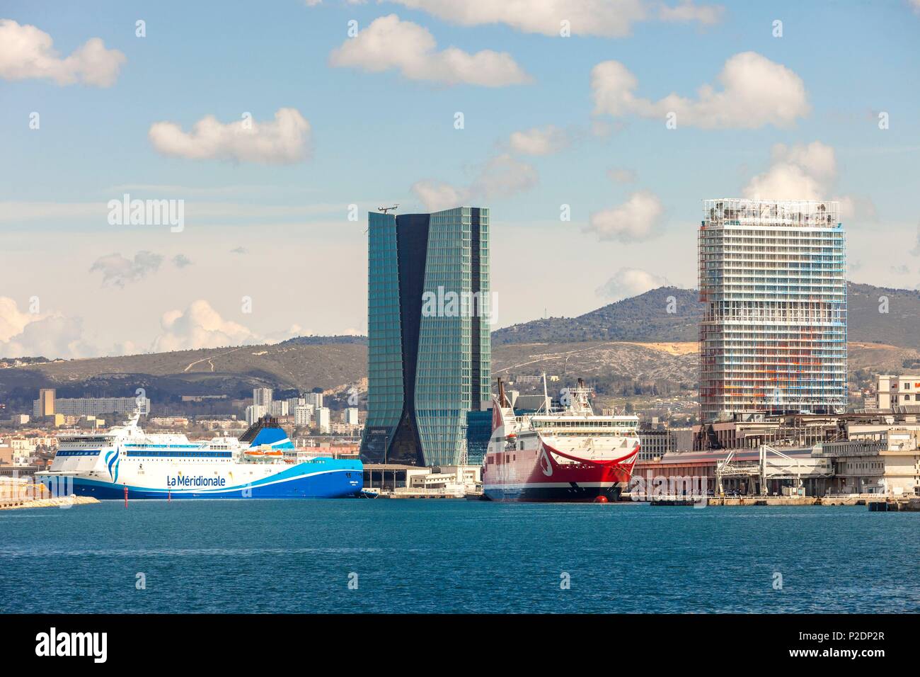 France, Bouches du Rhone, Marseille, Euromediterranee zone, the J4 esplanade, the CMA CGM tower architect Zaha Hadid and Jean Nouvel's La Marseillaise tower (2018) Stock Photo