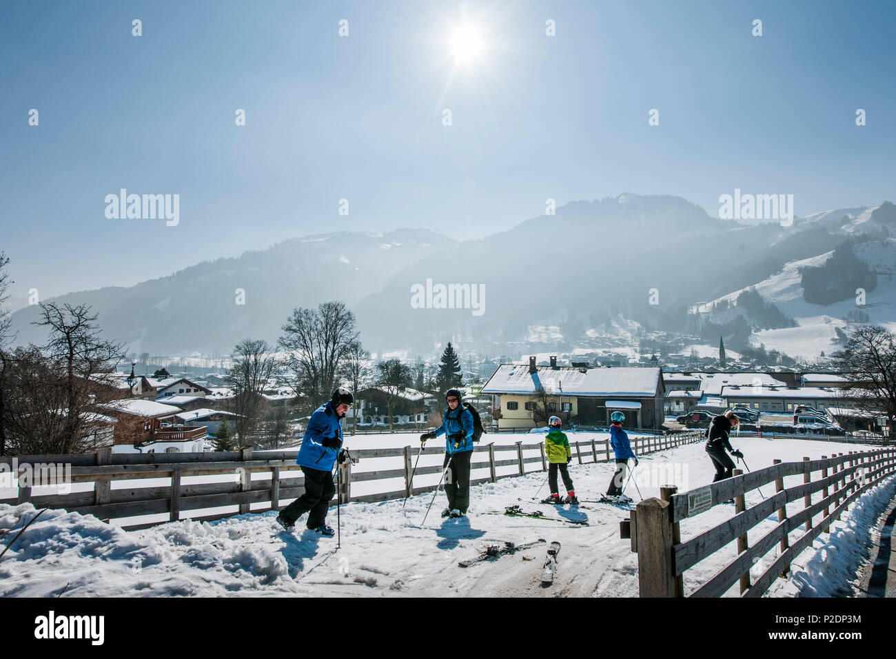 skiers at the end of a run in Kitzbuehel, Tyrol, Austria, Europe Stock Photo