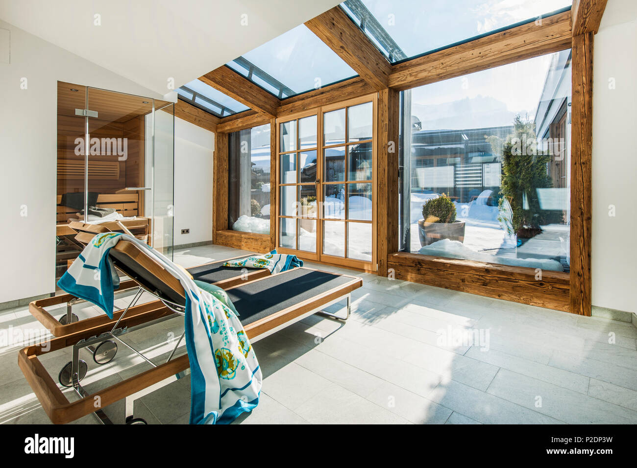 Wellness area in the penthouse appartment of in a modern Alpine look, Kitzbuehel, Tyrol, Austria, Europe Stock Photo