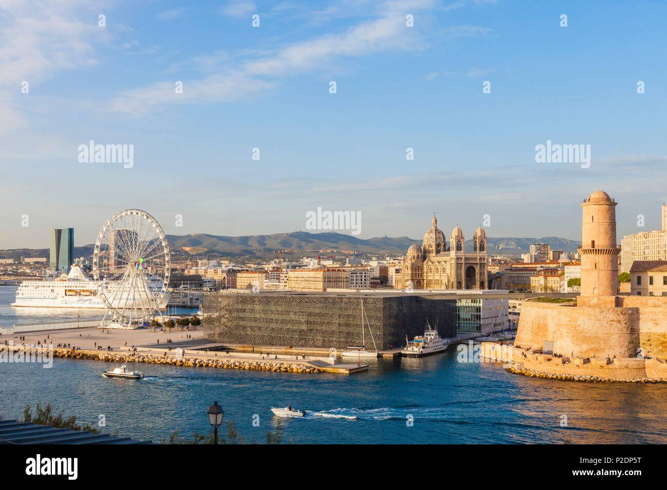 France, Bouches du Rhone, Marseille, Euromediterranee Zone, the J4, Fort Saint Jean, MuCEM, Museum of European and Mediterranean Civilizations R. Ricciotti and R. Carta Architects, La Cathedrale Major, the CMA CGM tower, architect Zaha Hadid and Jean Nouvel's Marseillaise Stock Photo