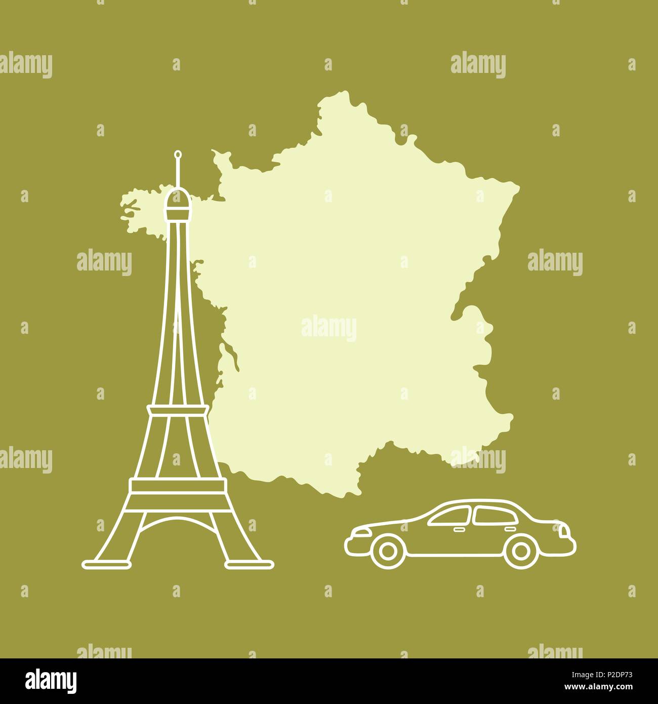 Map of France, famous tower of Paris, car. Travel and leisure Stock
