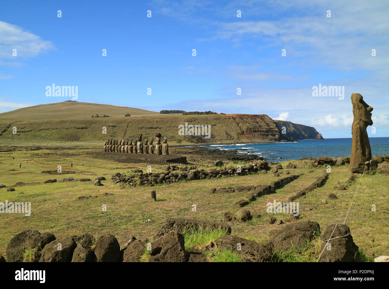 Ahu Tongariki, the largest Ahu on Easter Island with Pacific ocean on its back, Chile, South America Stock Photo