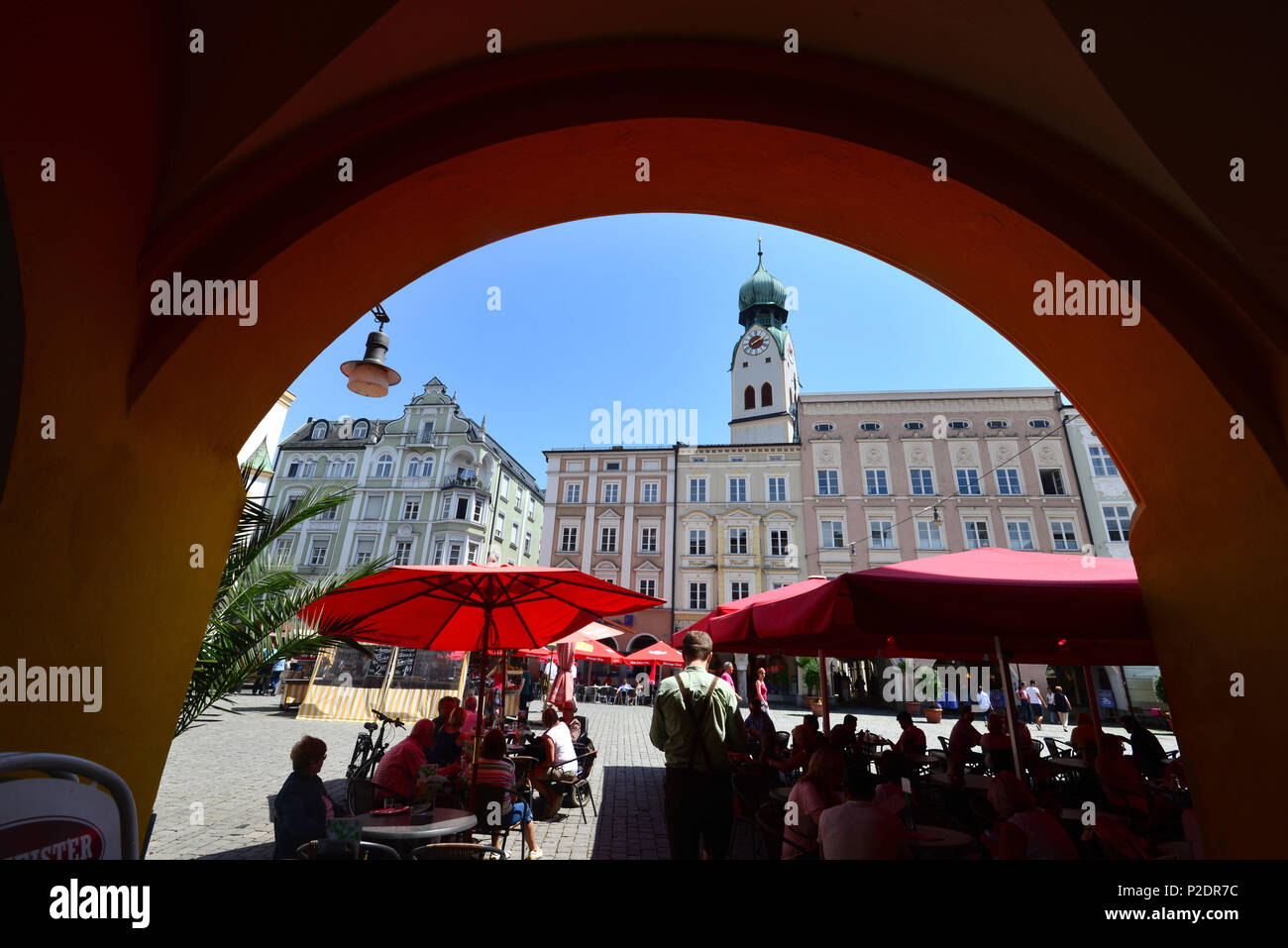 Max-Josef square with St. Nikolaus church, Rosenheim, Upper Bavaria, Bavaria, Germany Stock Photo