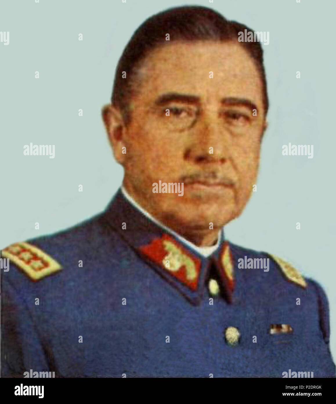 . General Augusto Pinochet Ugarte en 1974. 19 November 2009, 03:57 (UTC).  Pinochet-estampilla.jpg: NCO Leopoldo Víctor Vargas (Fuerza Aérea de Chile) *derivative work: Rec79 (talk) 2 A. Pinochet Stamp (cropped) Stock Photo