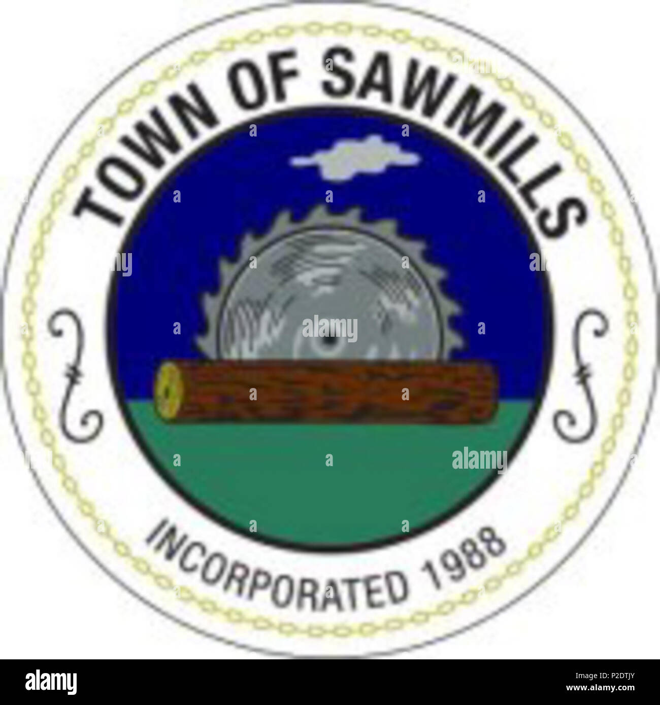 . English: Town Seal of Sawmills, North Carolina . 10/4/2012. Town of Sawmills 63 Town Seal of Sawmills, North Carolina Stock Photo