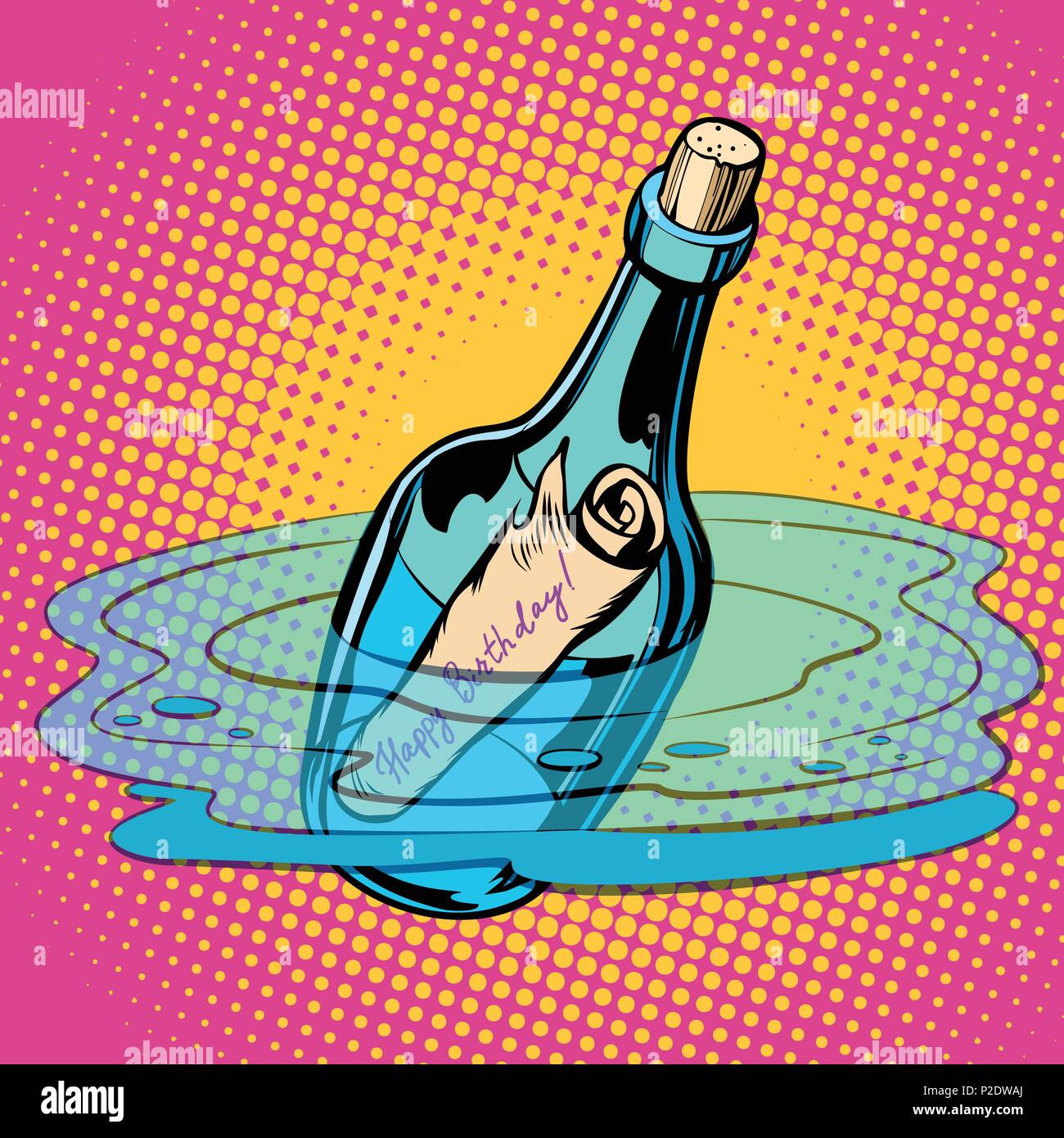 Happy birthday bottle with note, sea. Comic cartoon pop art retro