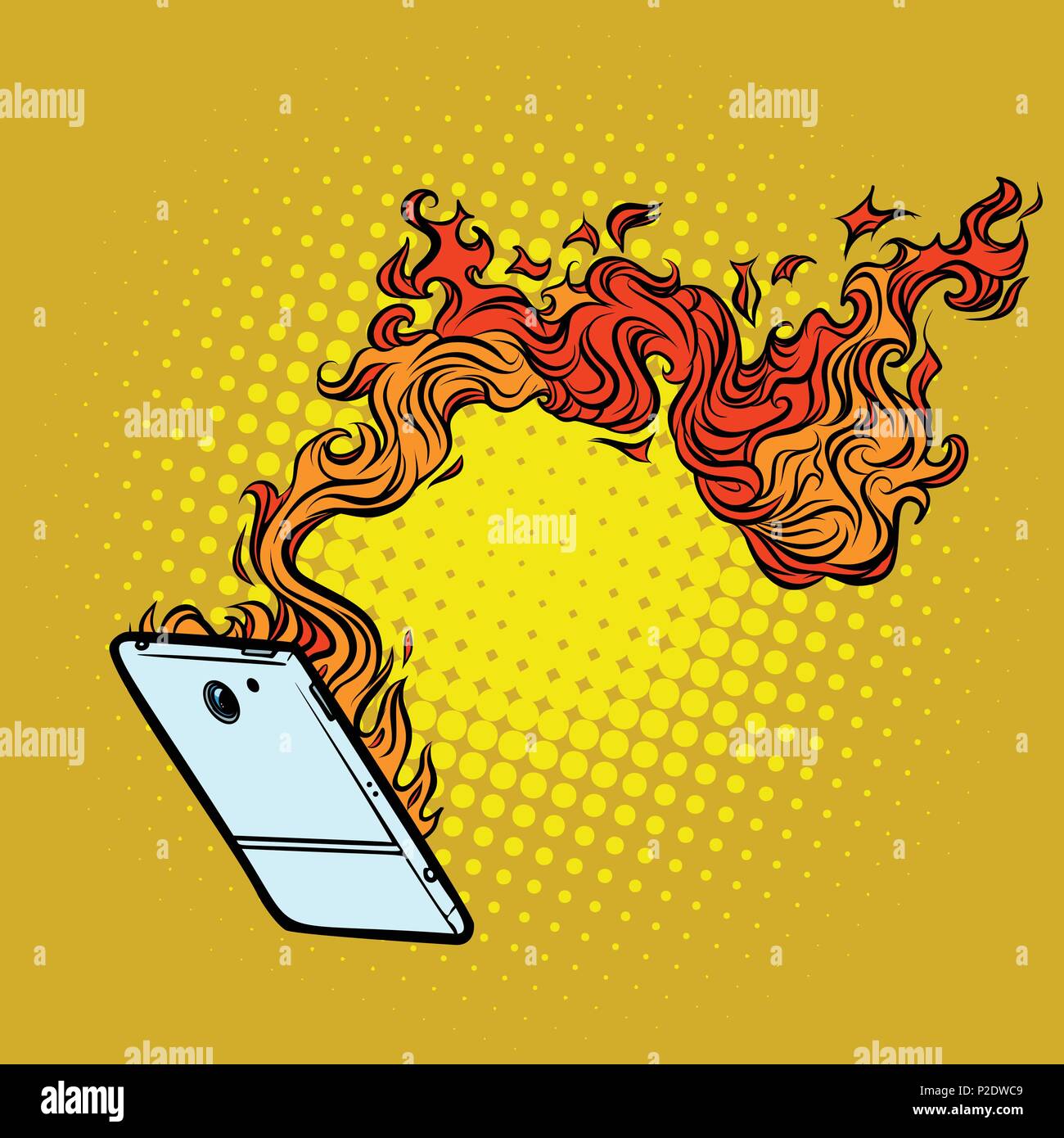 smartphone flames. destruction of technology. Comic cartoon pop art retro vector illustration drawing Stock Vector
