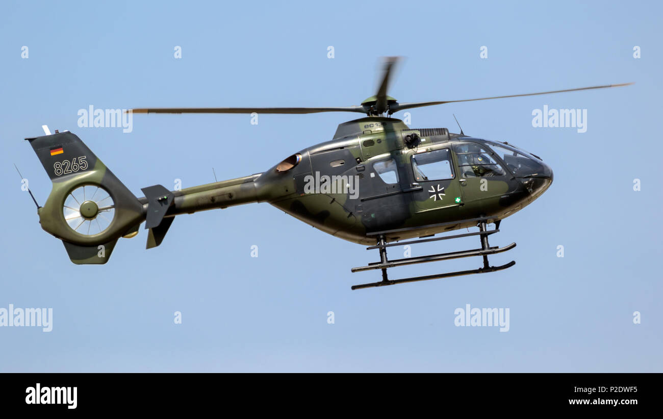 WUNSTORF, GERMANY - JUNE 9, 2018: German Airmy Airbus H135 military utility helicopter in flight at the Tag der Bundeswehr. Stock Photo
