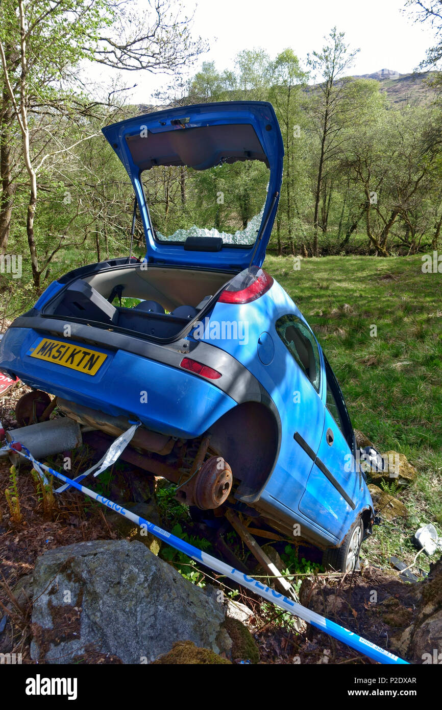 Car accident with the car in a ditch off the A82 between Inverarnan and Ardlui Stock Photo