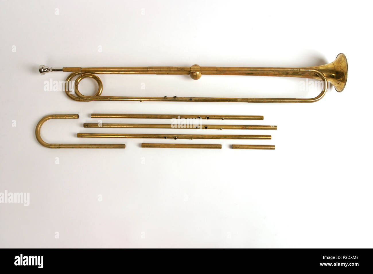 Natural trumpet with tuning tube variations. Brass. Stock Photo