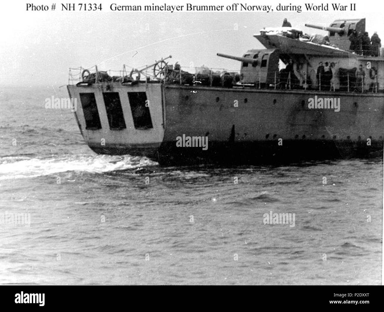 . The mine launching doors and aft guns of the Brummer (former HNoMS Olav Tryggvason) . 1940-1944, the time she operated off Norway.. Unknown 9 Brummer's mine launching doors Stock Photo
