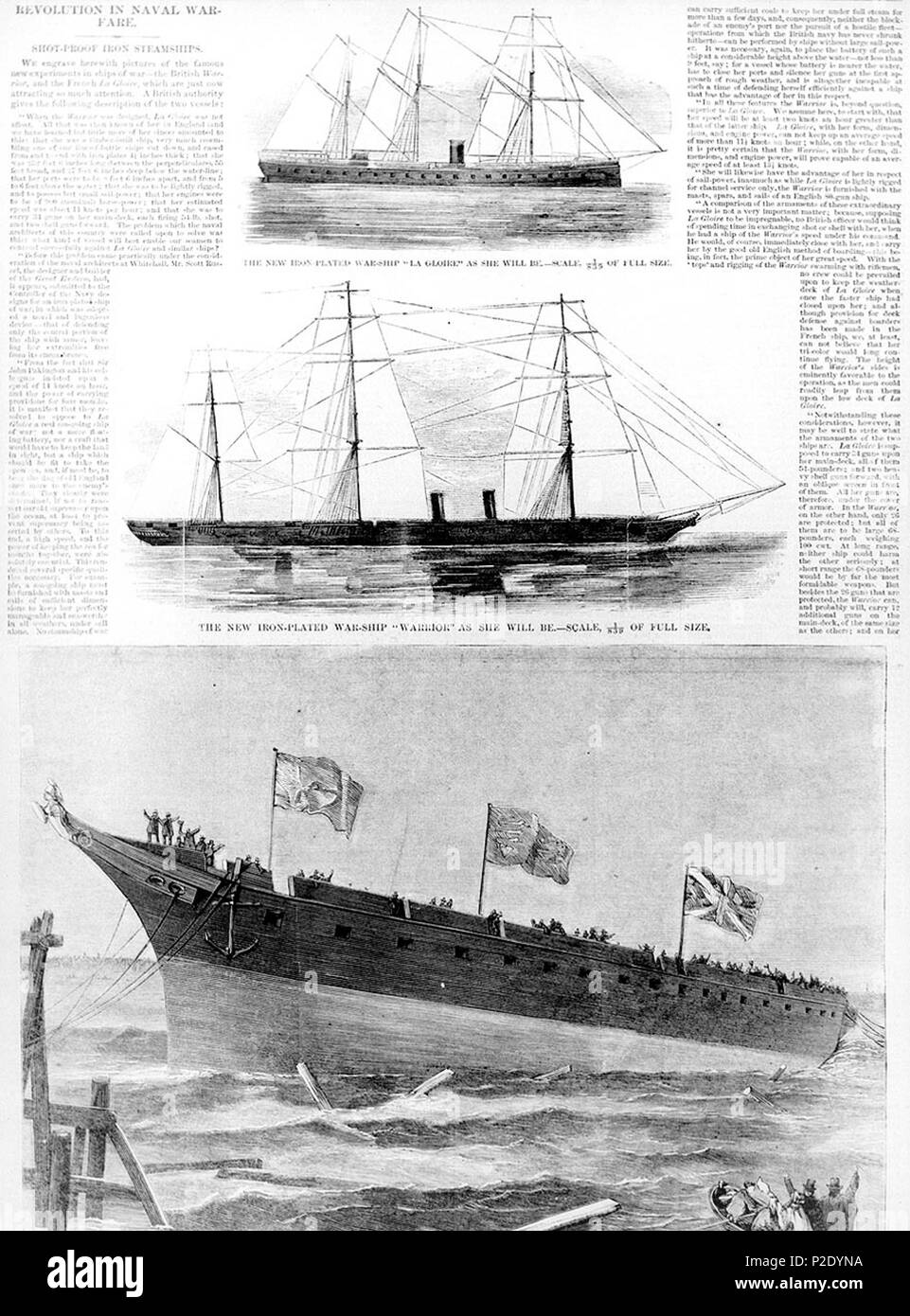 . English: French ironclad warship Gloire and battleship Warrior 'Revolution in Naval Warfare. -- Shot-Proof Iron Steamships.' Article published in 'Harper's Weekly', 9 February 1861. It features a discussion (by a British author) of the new ironclads Gloire (French) and Warrior (British), with line engravings of both ships (in the same scale) and a view of Warrior's launching at Blackwall, England, on 29 December 1860. Photo #: NH 59569 Polski: Fregata pancerna Gloire z 1860 i pierwszy stalowy pancernik Warrior z 1861 . 9 February 1861. U.S. Naval Historical Center Photograph 21 French warshi Stock Photo
