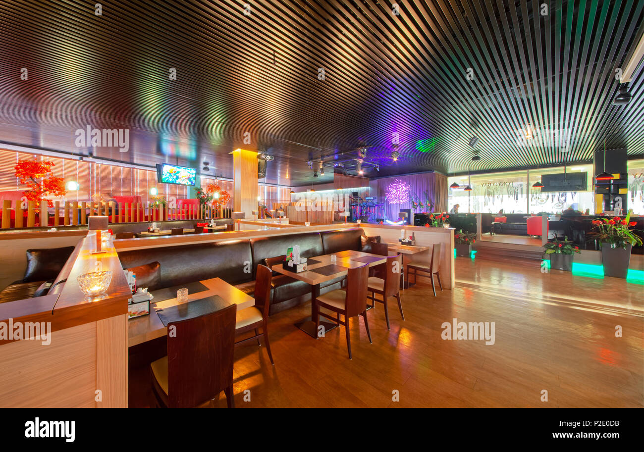 MOSCOW - SEPTEMBER 2014: The design of the stylish and modern interior of the Japanese restaurant 'Tokyo Bay' Stock Photo
