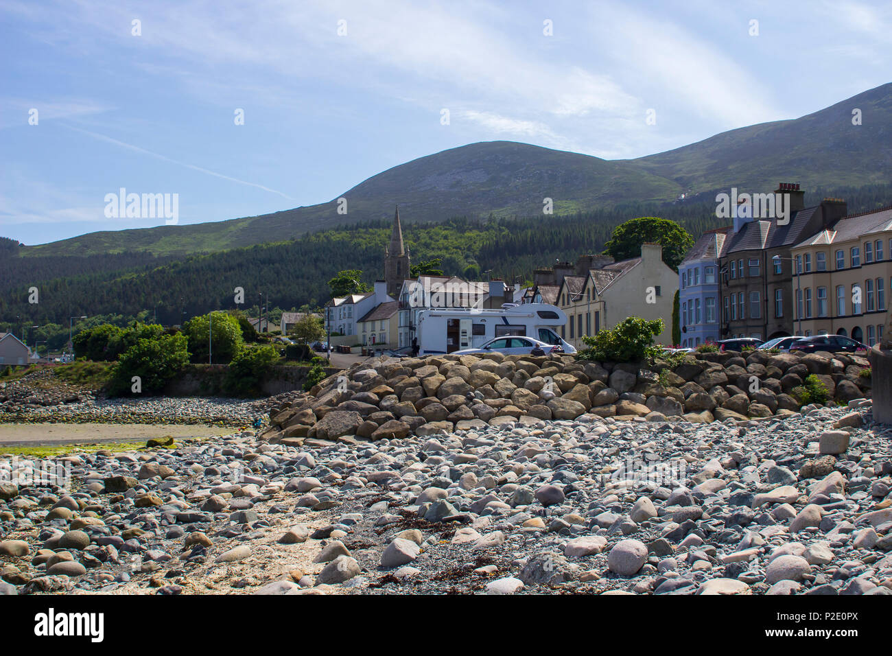 7 June 2018 A view of the Mountains of Mourne from the stony beach at