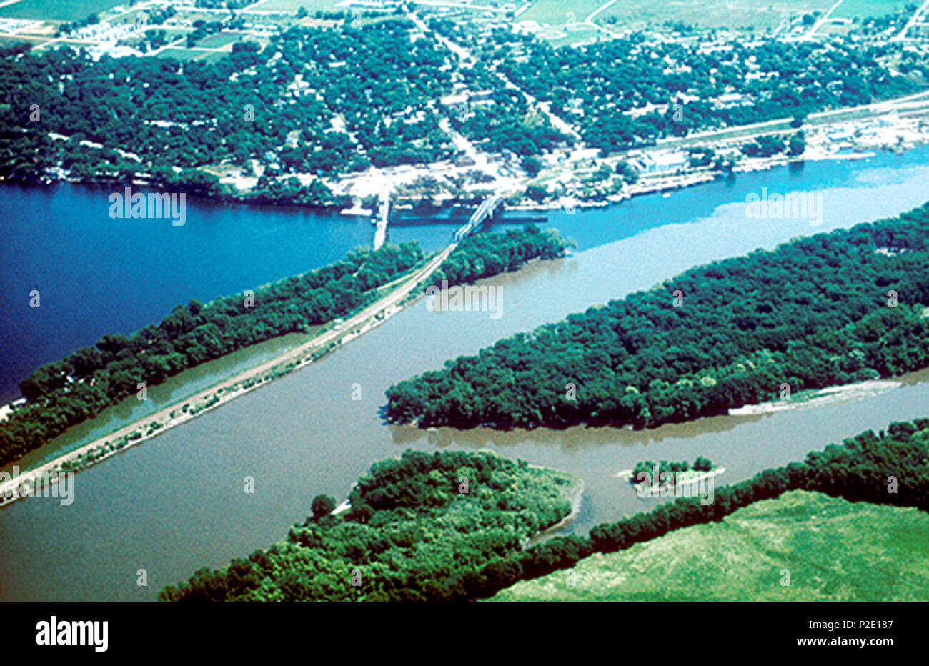 . Aerial view of Prescott, Wisconsin, at the confluence of the St. Croix National Scenic Riverway (left) and the Mississippi River (right). Unknown date. Unknown 43 PrescottWI aerial view Stock Photo