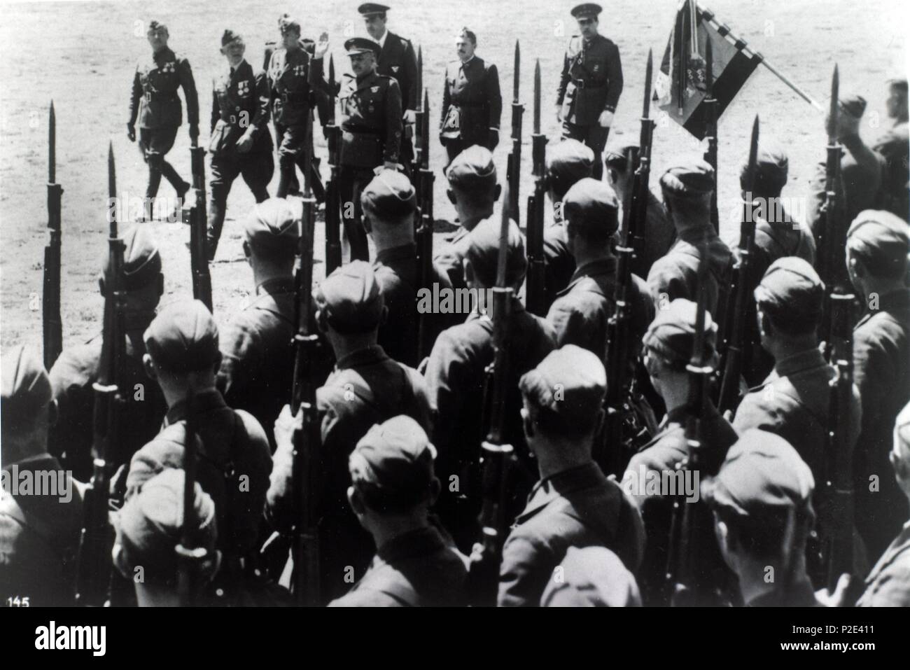 Condor Legion. Accompained by the Legion's Commander, Generalmajor Freiherr Richthofen, Head of State General Franco instpects the formations of German volunteers at the big farewell parade of the Condor Legion at Leon. 25-May 1939. Stock Photo