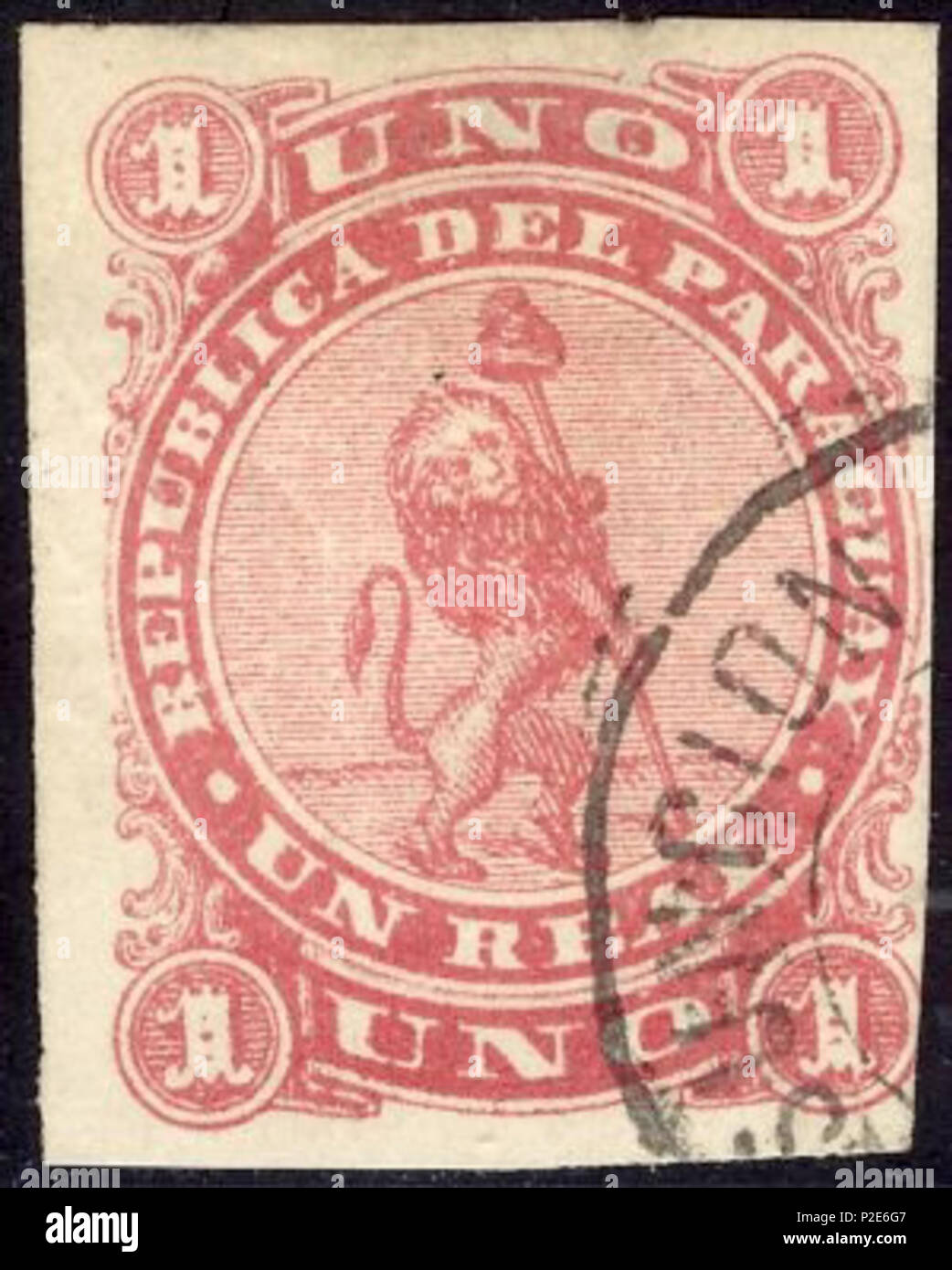 . 1st series of stamps of Paraguay . 1870. Unknown 44 Red lion 1870 Paraguay stamp Stock Photo