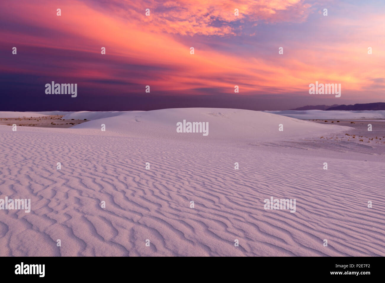 Tranquil image of white sand dunes and beautiful sunset sky, White Sands National Monument, New Mexico, USA Stock Photo
