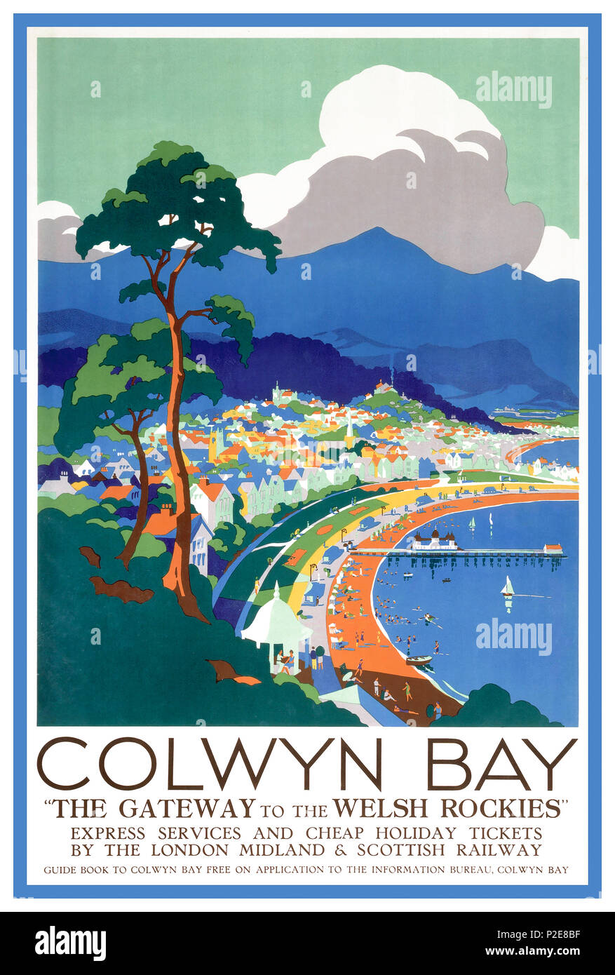 1930’s Vintage Colwyn Bay Wales UK Travel Poster Colwyn Bay Wales UK London Midland & Scottish Railway ‘Gateway to The Welsh Rockies’ Stock Photo