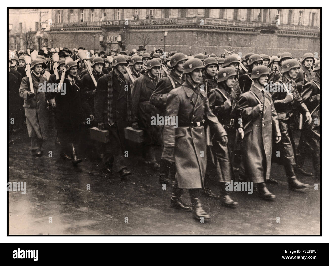 'German Volkssturm'  WW2 image of Adolf Hitlers desperate solution to the final protection of Berlin. On September 25, 1944, Adolf Hitler passed the decree on the 'German Volkssturm', all men capable of arming and fighting between 16 and 60 years were 'compulsory to the people'. In Berlin alone, tens of thousands of men were sworn in on Unter den Linden strasse on Sunday, November 12, 1944, in the presence of the Berlin Volkssturm leader and Reich Minister Joseph Goebbels, followed by a propaganda parade of assorted Wehrmacht troops and totally unprepared naive older German Nazi civilians Stock Photo