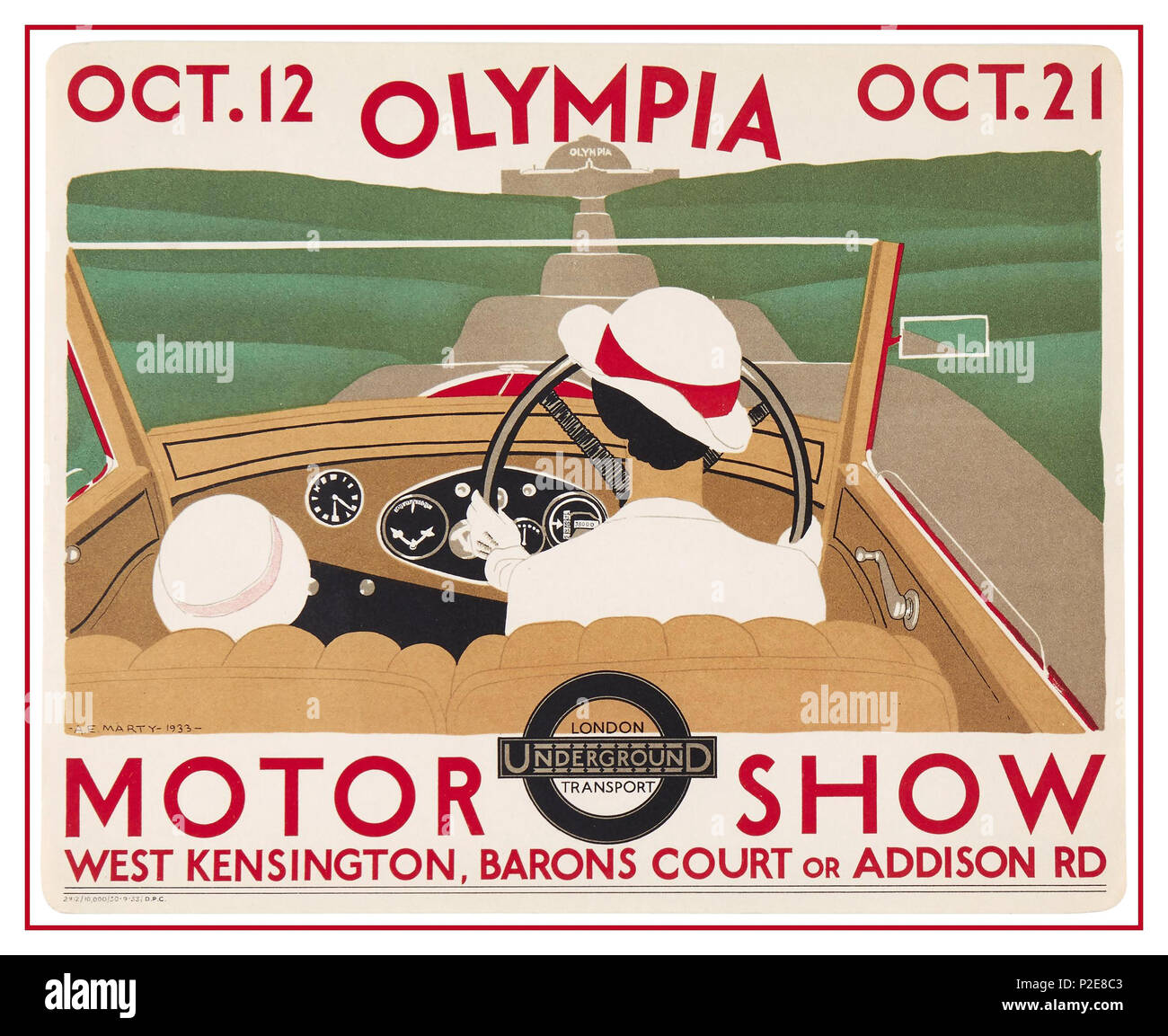 Vintage 1933 British Motor Show Poster at Olympia Oct 12-21 via London Transport Tube Underground network Nearest stations West Kensington Barons Court Addison Rd. West London Stock Photo