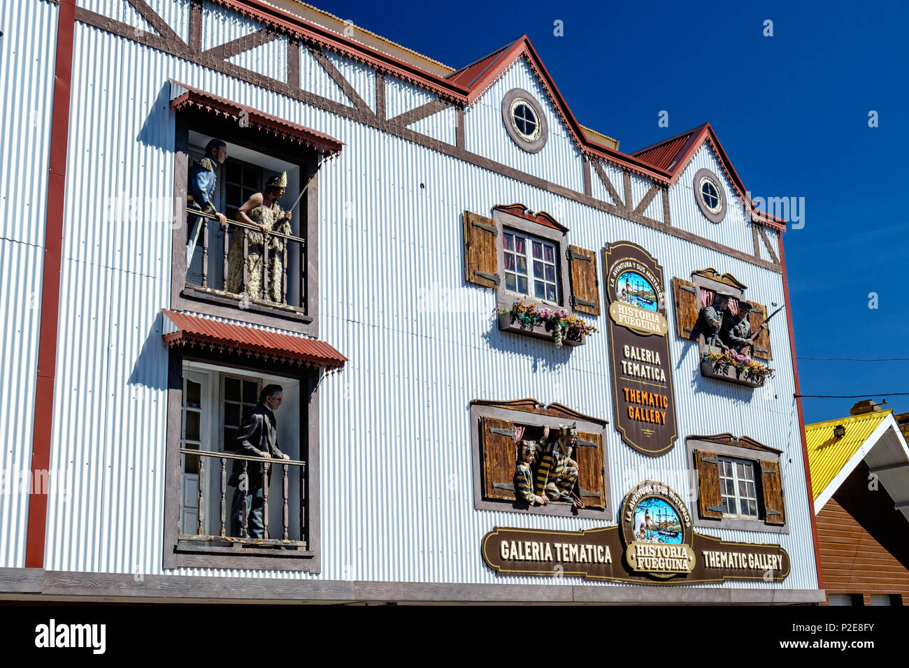 The white facade of the history museum 'Galería Temática' is very attractive with real life figures related to the early settlements. Stock Photo