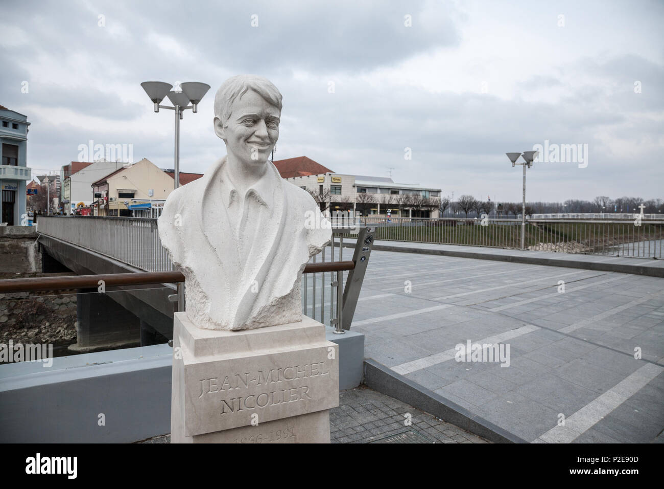 FEBRUARY, CROATIA - FEBRUARY 25, 2018: Statue of Jean Michel Nicolier in the war torn city of Vukovar, near the Nicolier Bridge. Jean Michel Nicolier  Stock Photo