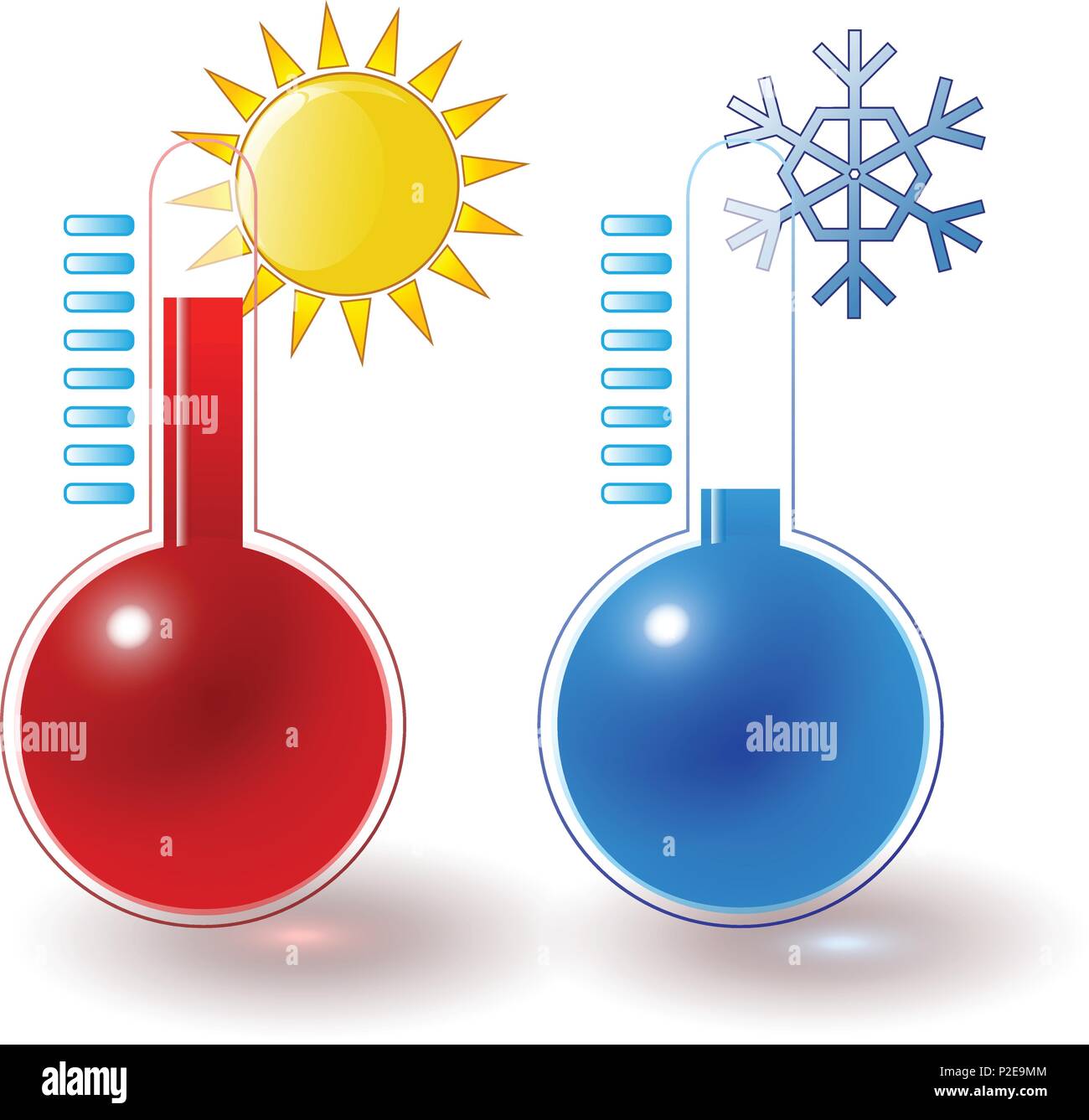 red, blue thermometers, hot sun, cold snowflake set Stock Vector