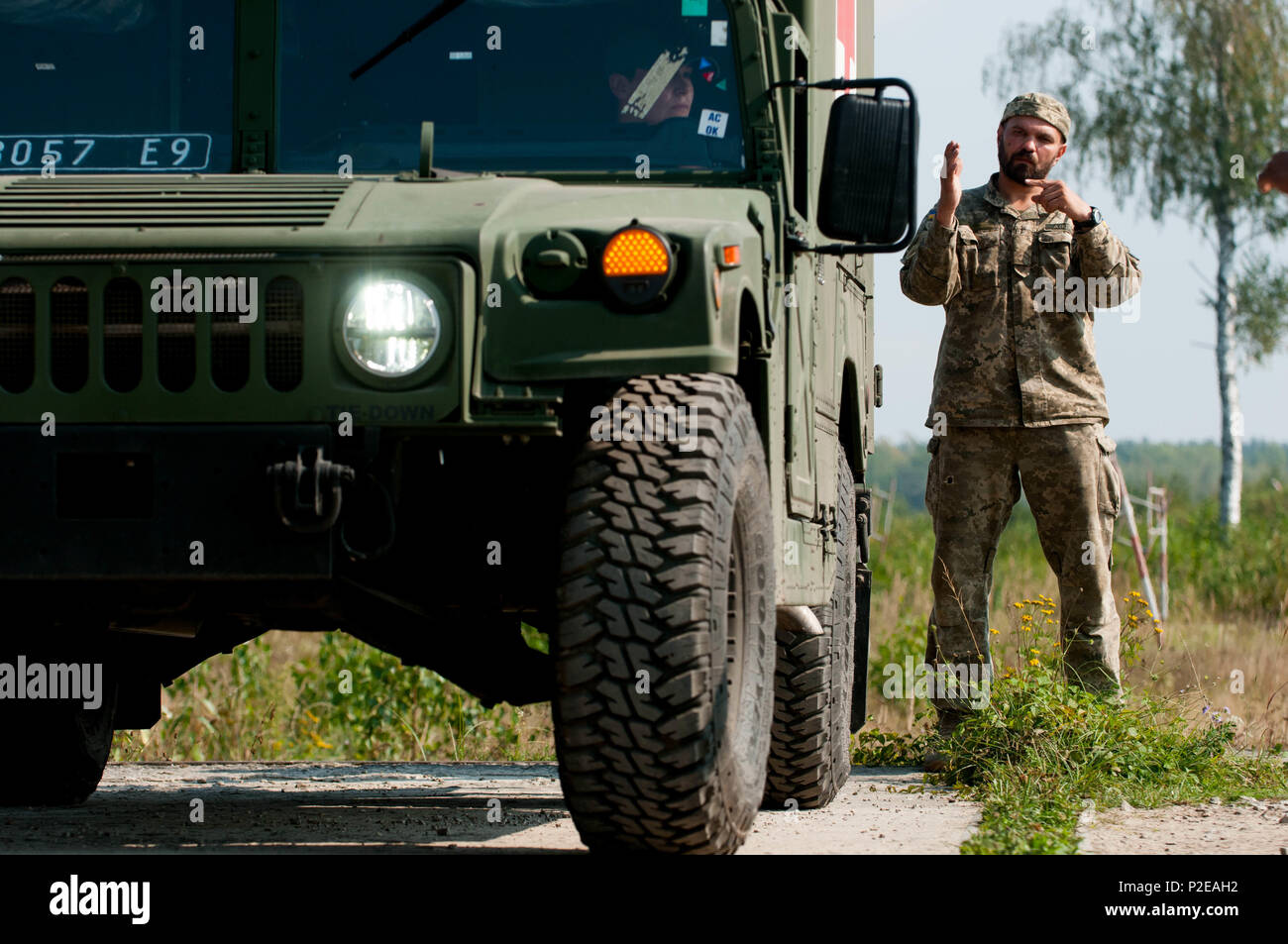 A Ukrainian Soldier uses hand signals during a ground guide exercise of field litter ambulance familiarization on the driving range at Yavoriv Training Area, Ukraine on Sep. 9, 2016. A team of medics and a mechanic from 557th Medical Company (Area Support) and 212th CSH are working together to conduct field littler ambulance and medical equipment set familiarization with the Ukrainian military from Sep 5 to 16, 2016. (U.S. Army photo by Capt. Jeku Arce, 30th Medical Brigade Public Affairs) Stock Photo