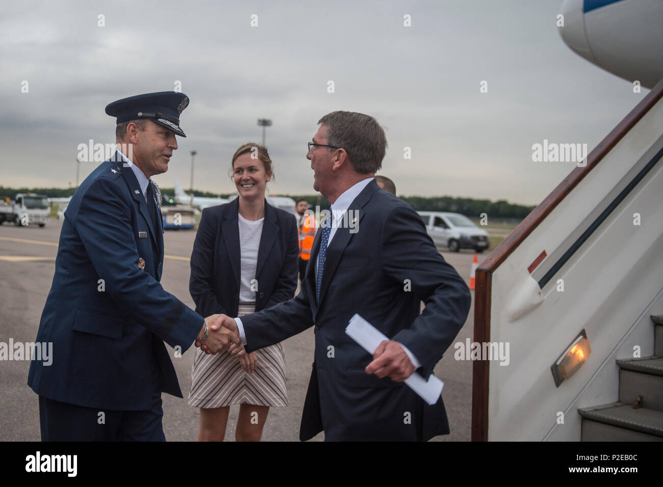 Secretary of Defense Ash Carter greets U.S. Brig. Gen. Christopher ...
