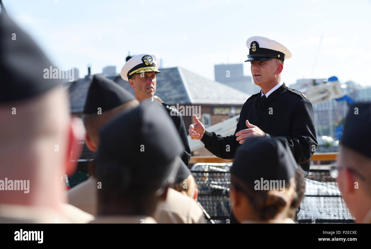 160908-N-OT964-137  BOSTON (Sept. 8, 2016) Master Chief Petty Officer of the Navy (MCPON) Steven Giordano speaks with Sailors during an all hands call as part of his visit to USS Constitution.  The ship, nicknamed 'Old Ironsides', is the oldest commissioned ship in the Navy, and was Giordano's first visit as the 14th MCPON. Chief of Naval Operations (CNO) Adm. John Richardson was also present with Giordano during the call. (U.S. Navy photo by Mass Communication Specialist 1st Class Martin L. Carey/Released) Stock Photo