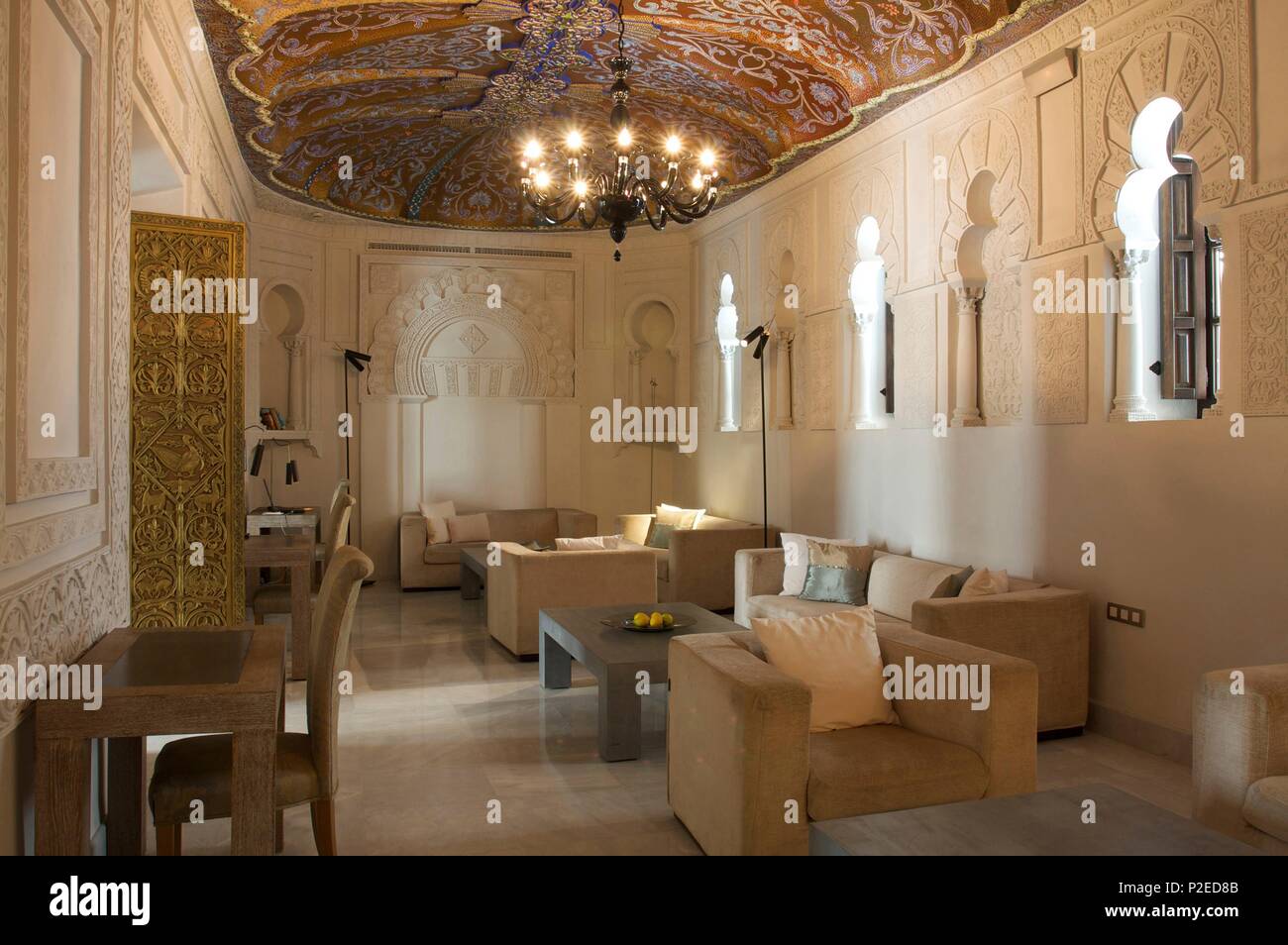 Spain, Andalusia, Cordoba, Mudejar style lounge in the hotel Palacio del Bailio of the Hospes group Stock Photo