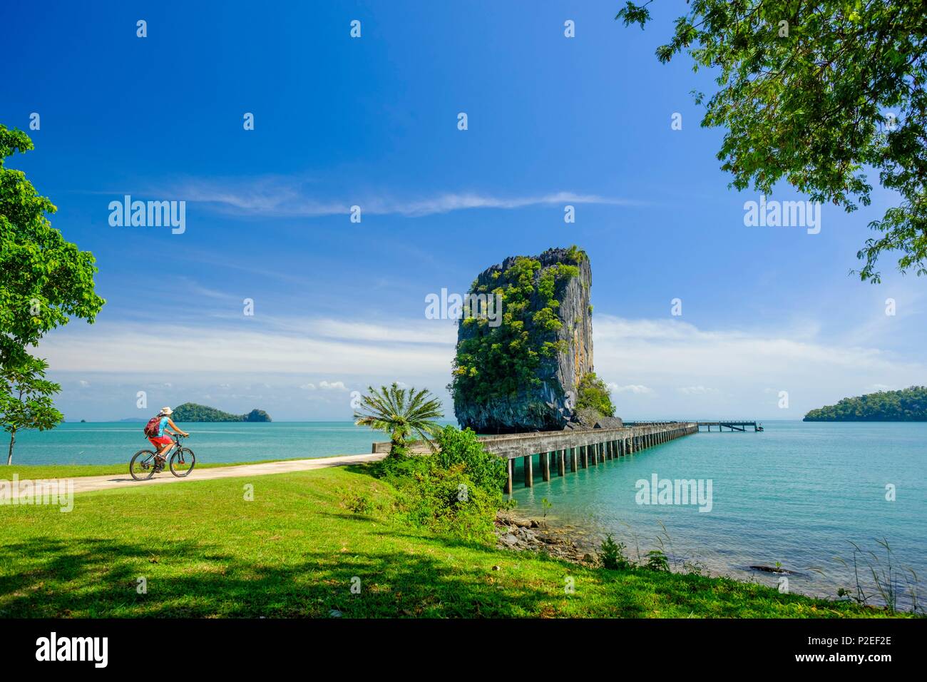 Thailand, Satun province, Tarutao National Marine Park, Ko Tarutao island, bike ride to Ao Talo Wow, karst rock emerging from the ocean Stock Photo