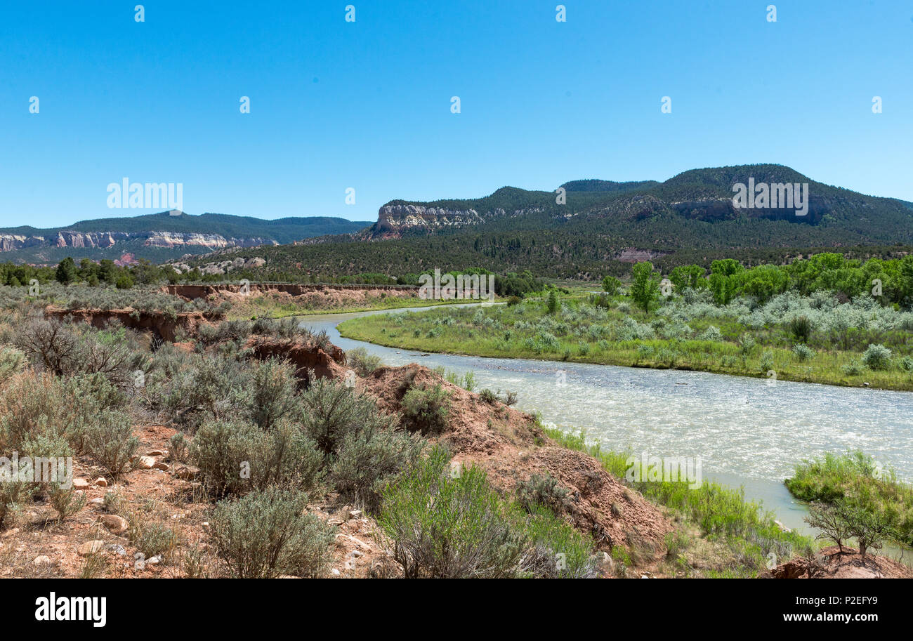 Chama River near Abiquiú, New Mexico is a Tourist and Rafting Destination. Stock Photo