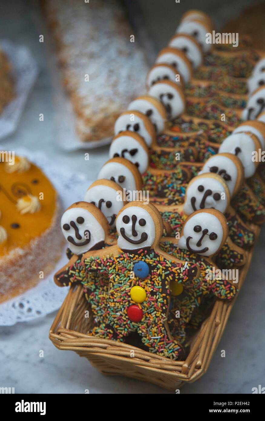 Spain, Basque country, San Sebastian, Cookie carnival behind the window ...