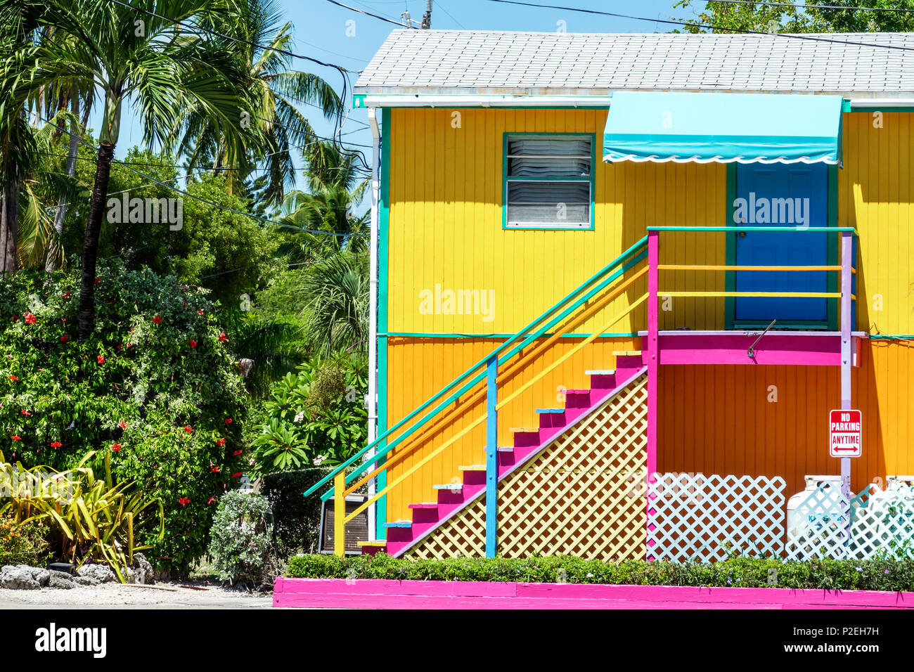 Florida Upper Key Largo Florida Keys,colorful,building house home residence,wooden stairs,FL170818014 Stock Photo