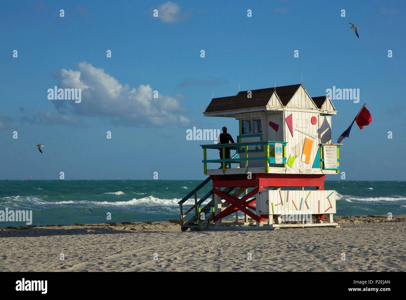 United States, Florida, Miami, Retro first aid post, on the beach, in the district of South Beach, in Miami Beach Stock Photo
