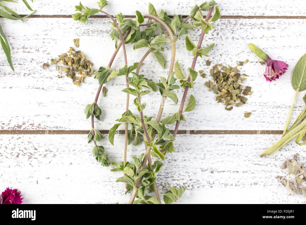Fresh and dry rosemary and sage herbs with edible flowers on a rustic