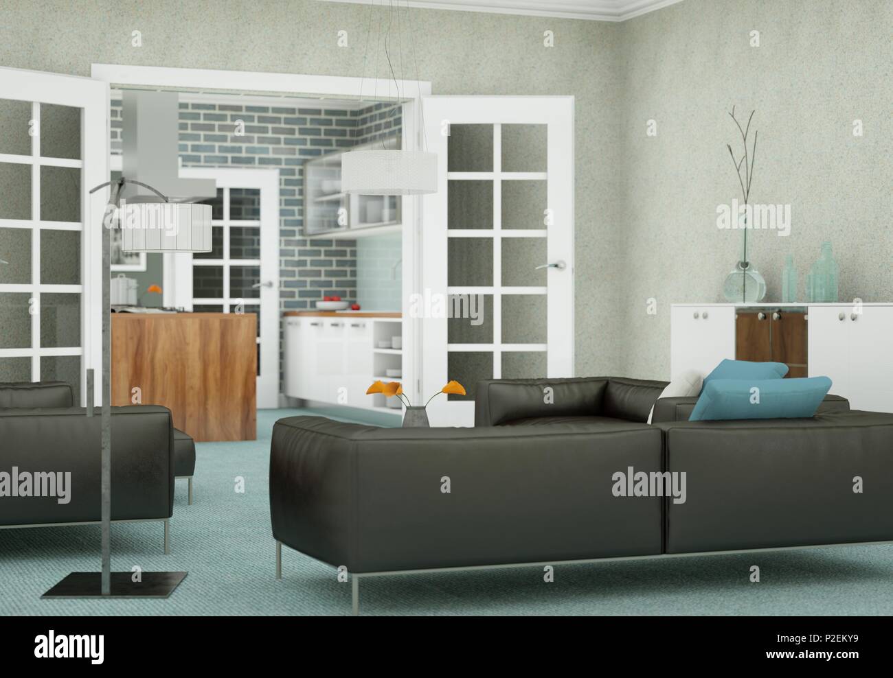 Modern living room interior design with black leather sofas Stock Photo ...