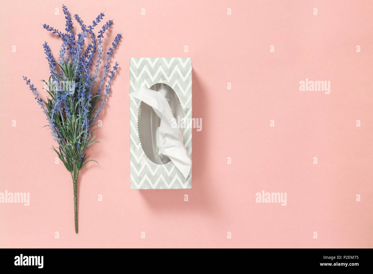 Gray tissue box and blue lavender on pastel pink background. Stock Photo