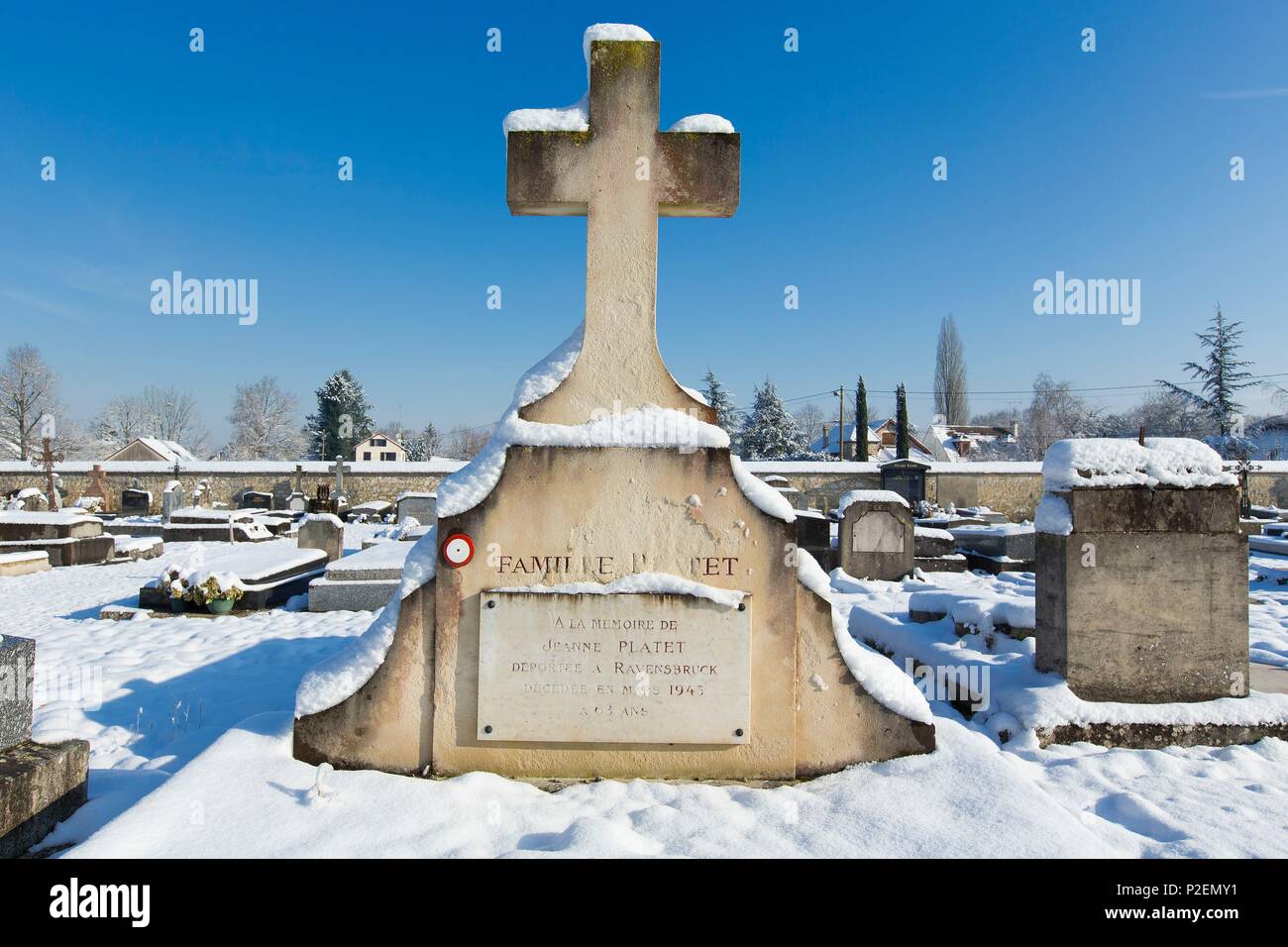 France, Seine et Marne, Bois le Roi, the cemetery, grave of Jeanne Platet, resistence fighter prisoner in Auchwitz concentration camp where she died Stock Photo