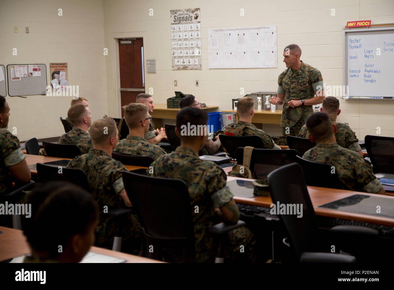 U.S. Marine Brig. Gen. Jason Q. Bohm, Commanding General, Training Command, addresses U.S. Navy Corpsmen with the Field Medical Training Battalion-East, Marine Corps Combat Service Support School (MCCSSS) during a scheduled visit onboard Camp Johnson, N.C., Sept. 8, 2016. Brig. Gen. Bohm visited MCCSSS to receive information concerning current school initiatives, operations and advocacy. (U.S. Marine Corps photo by Cpl. Andrew M. Kuppers) Stock Photo