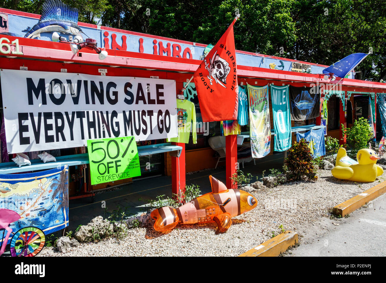 Florida Upper Florida Keys,Islamorada,In Limbo,store,exterior outside,business,souvenirs display sale moving sale everything must go,liquidation,50% d Stock Photo