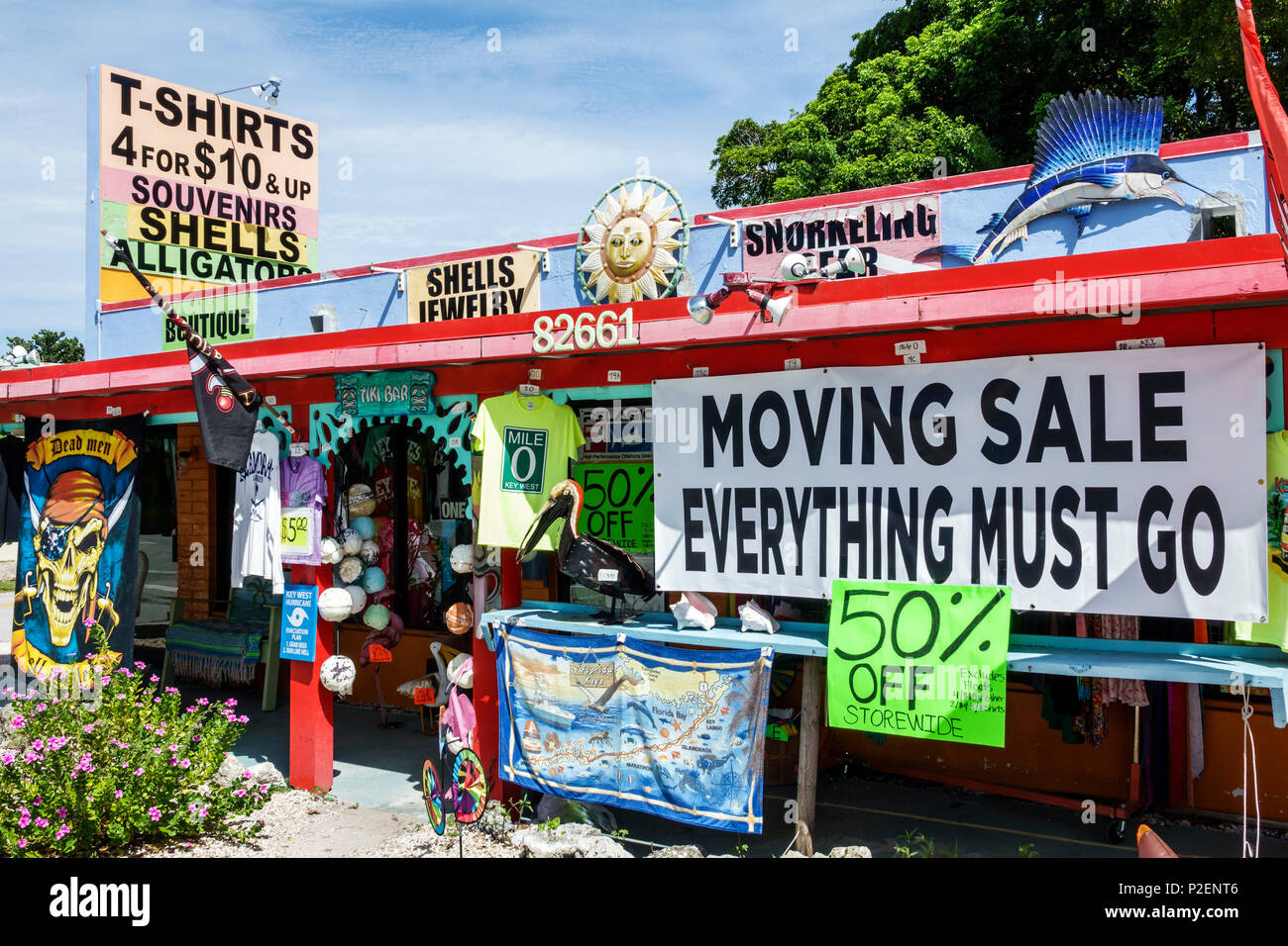 Florida Upper Florida Keys,Islamorada,In Limbo,store,exterior outside,business,souvenirs display sale moving sale everything must go,liquidation,50% d Stock Photo