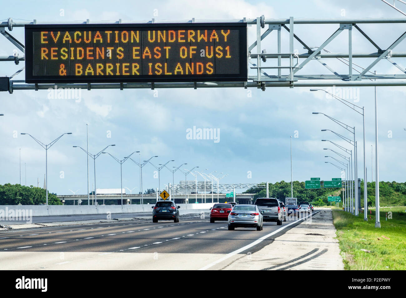 Miami Florida,Hurricane Irma approaching preparation,Interstate I-75 I75,electronic sign,evacuation underway barrier islands East of US1,highway traff Stock Photo