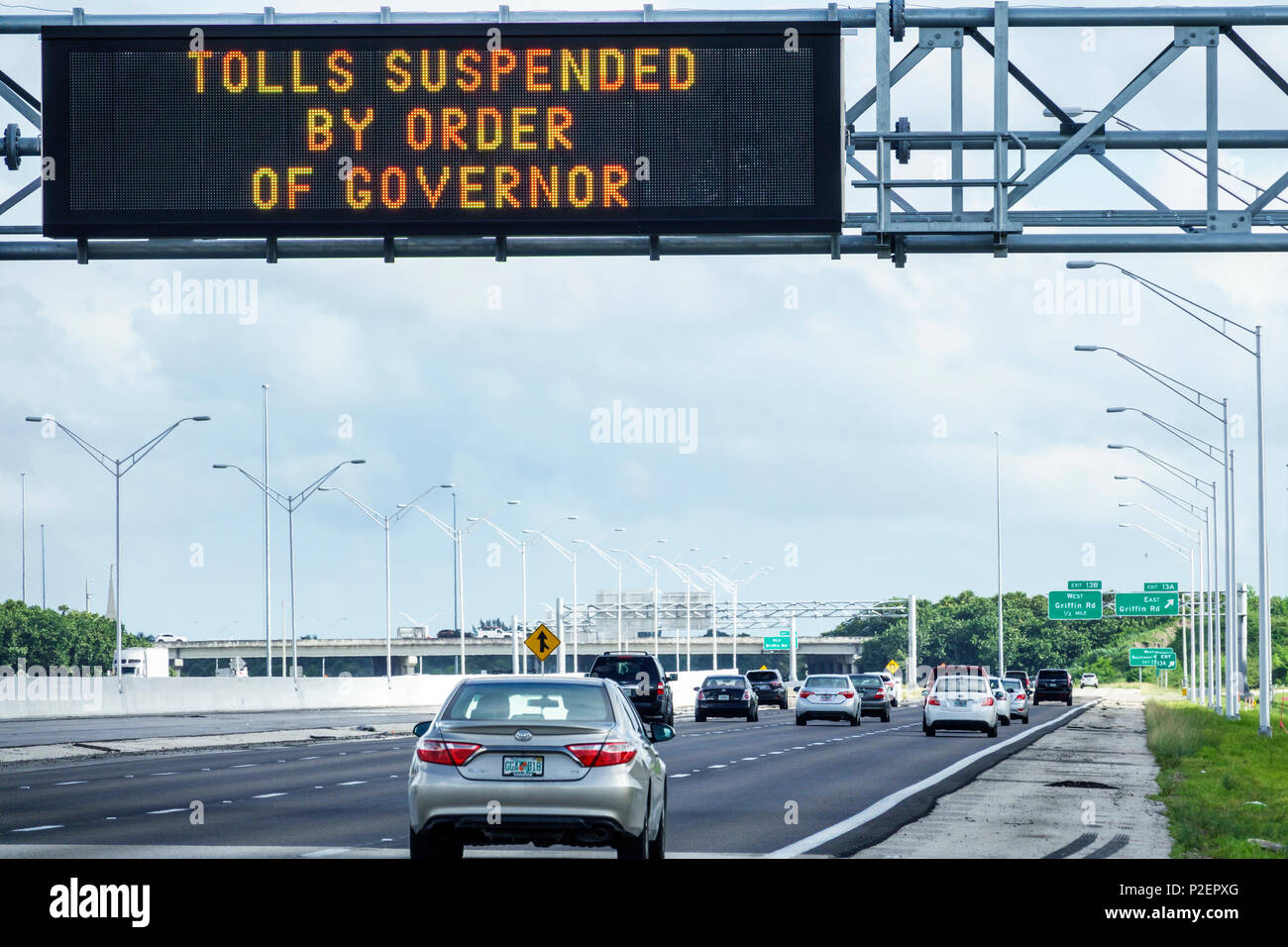 Miami Florida,Hurricane Irma approaching preparation,Interstate I-75 I75,electronic sign,evacuation tolls suspended order governor,highway traffic,eva Stock Photo