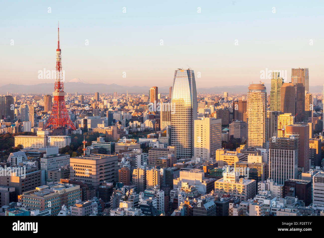 Tokyo Tower with Fuji-san at very early morning in autumn, Minato-ku, Tokyo, Japan Stock Photo